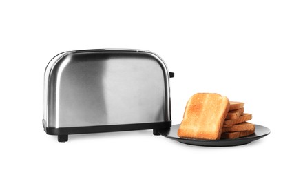 Photo of Modern toaster and bread on white background