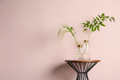 Glass vases with green branches on table near pink wall. Space for text