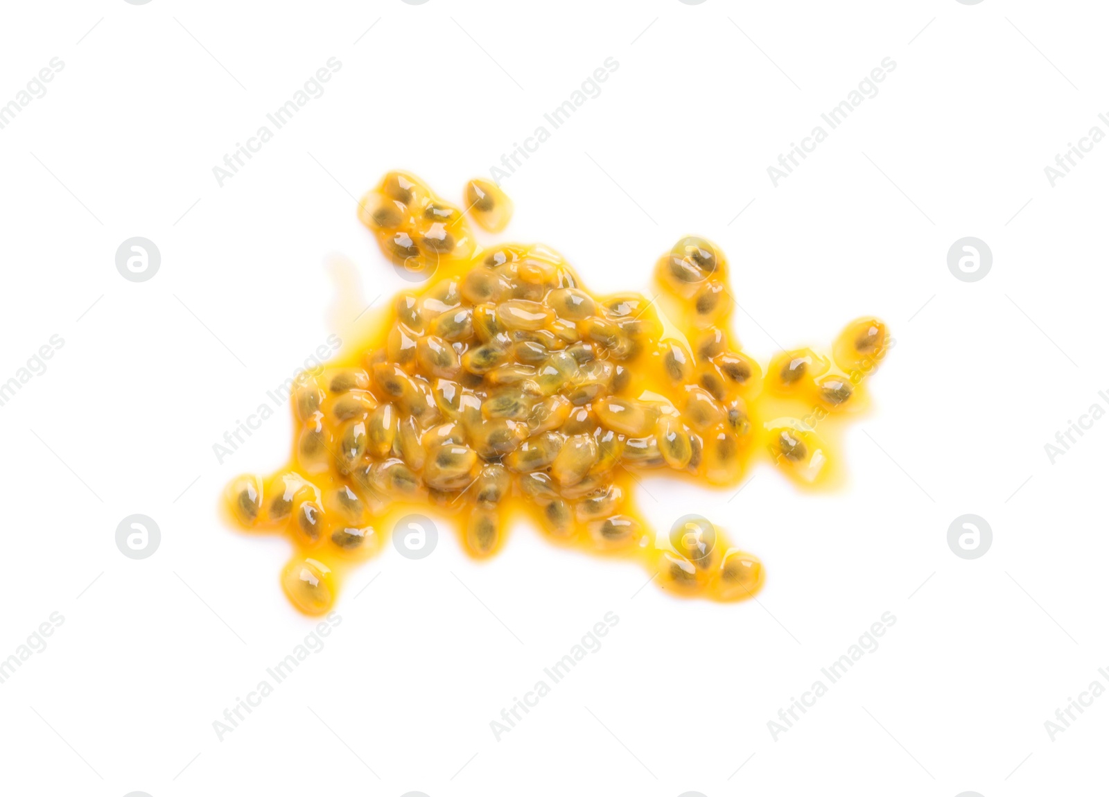 Photo of Passion fruit seeds on white background, top view