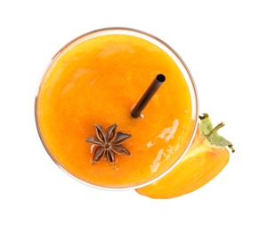 Tasty persimmon smoothie with anise and fresh fruit isolated on white, top view