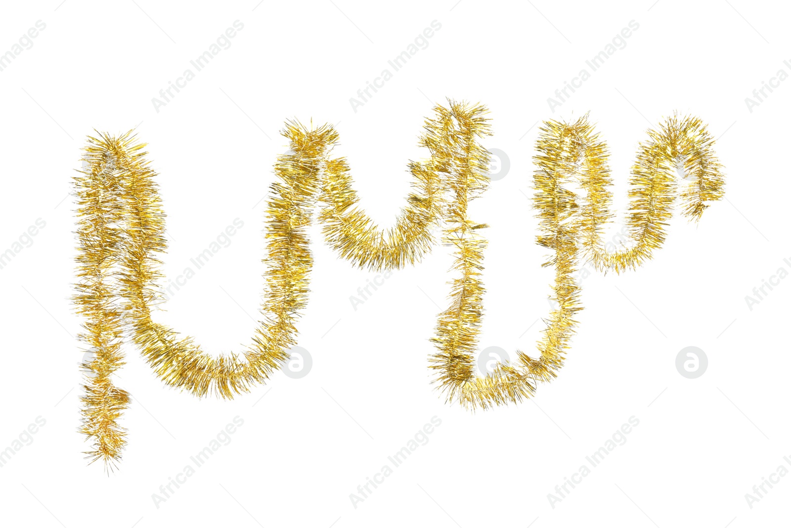 Photo of Shiny golden tinsel isolated on white. Christmas decoration