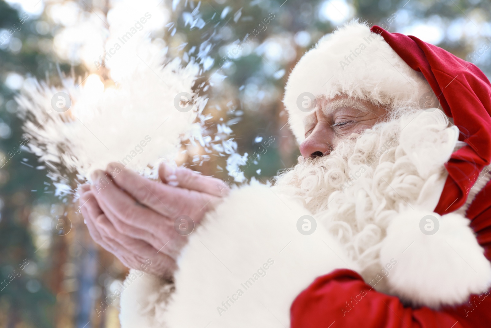 Photo of Happy Authentic Santa Claus blowing snow from his hands outdoors