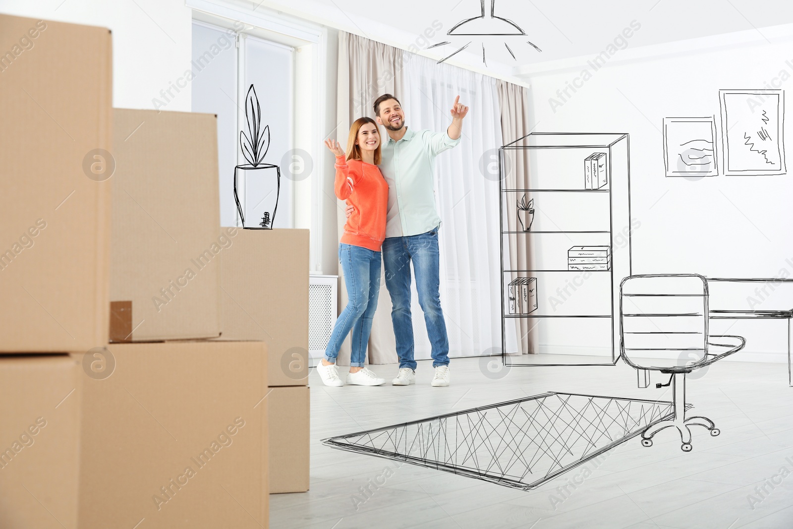 Image of Moving to new house. Happy couple imagining living room arrangement. Illustrated interior design