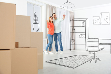 Image of Moving to new house. Happy couple imagining living room arrangement. Illustrated interior design