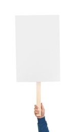 Man holding blank protest sign on white background, closeup