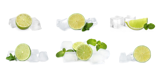 Image of Set of ice cubes, mint and limes on white background