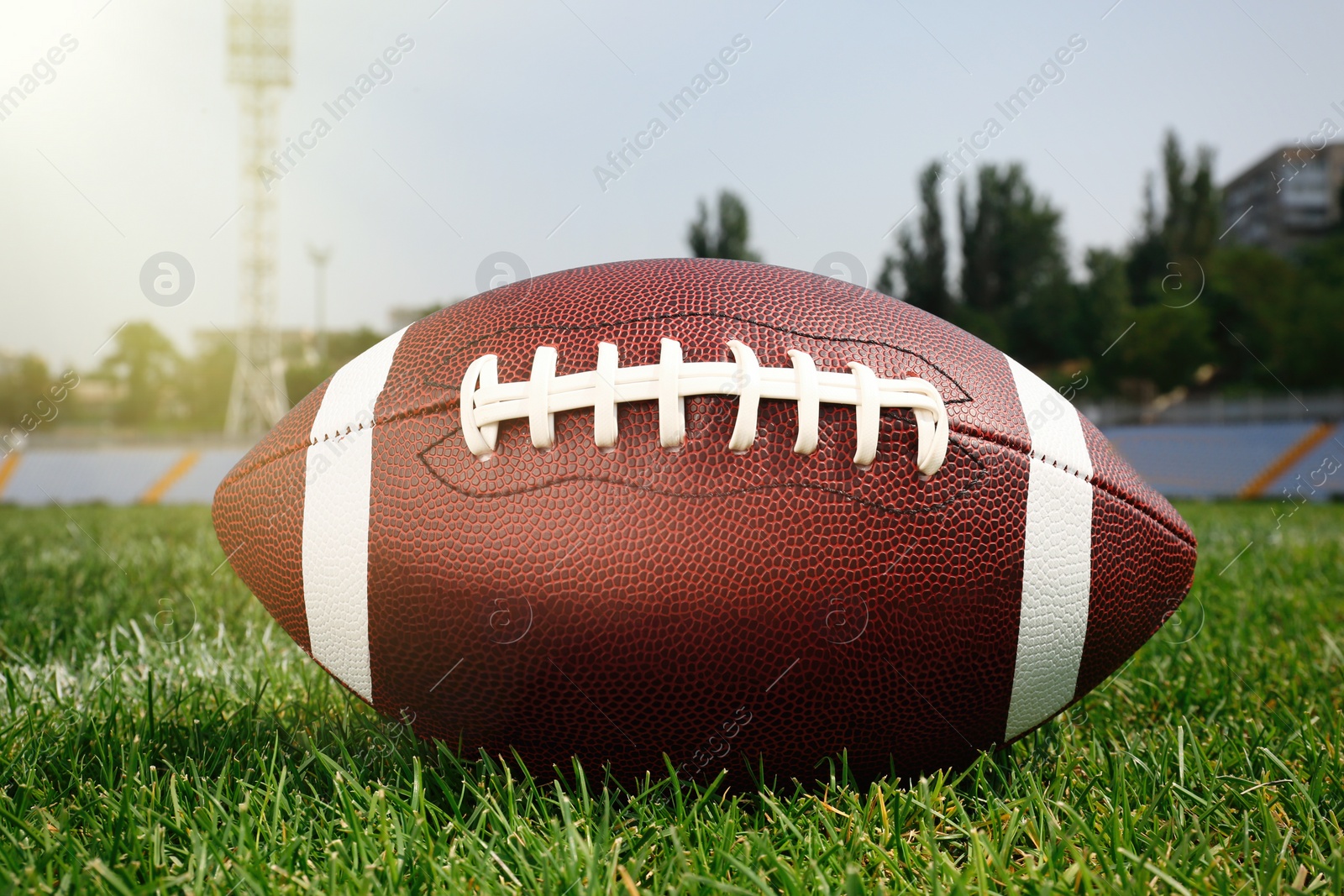 Photo of American football ball on green field grass in stadium