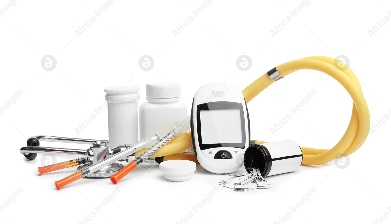 Photo of Different medical objects on white background. Health care