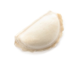 Photo of Tasty raw dumpling on white background, top view