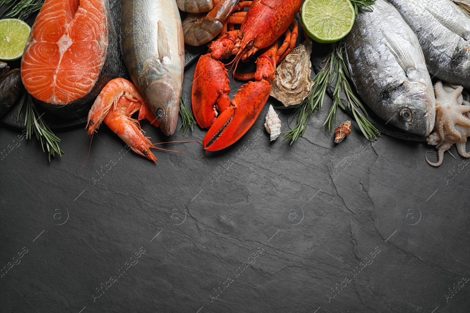 Photo of Fresh fish and different seafood on black table, flat lay. Space for text