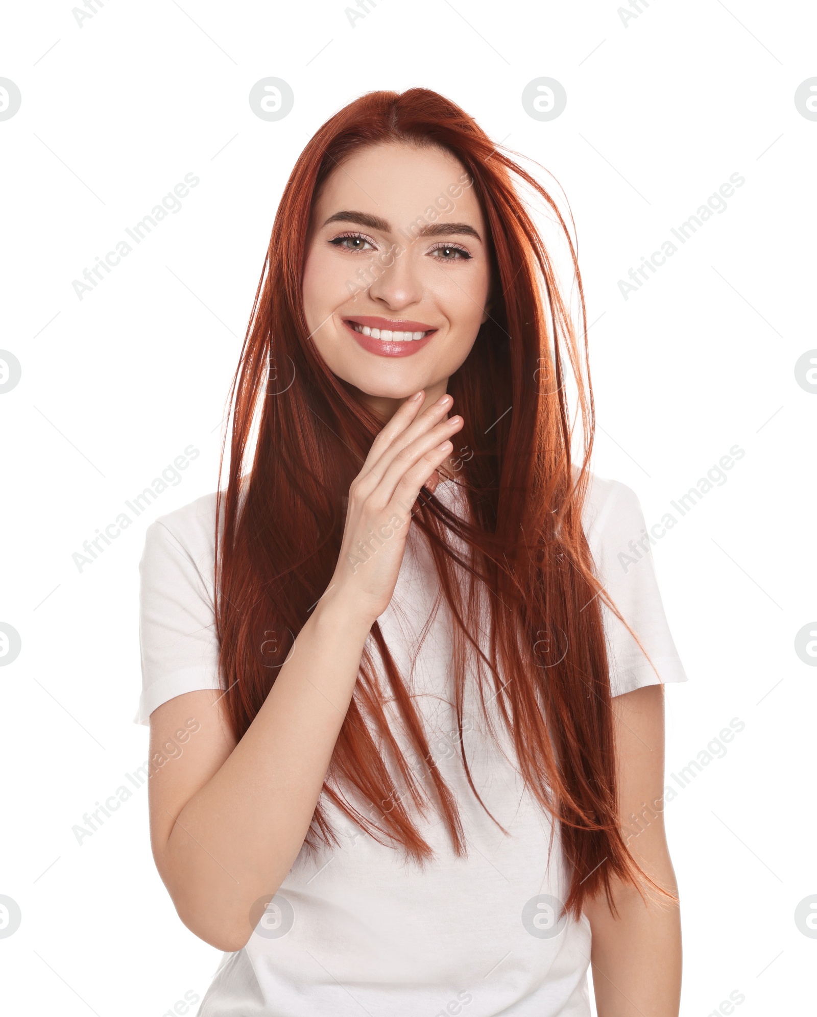 Photo of Happy woman with red dyed hair on white background