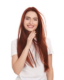 Happy woman with red dyed hair on white background