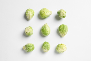 Photo of Tasty fresh Brussels sprouts on white background, top view