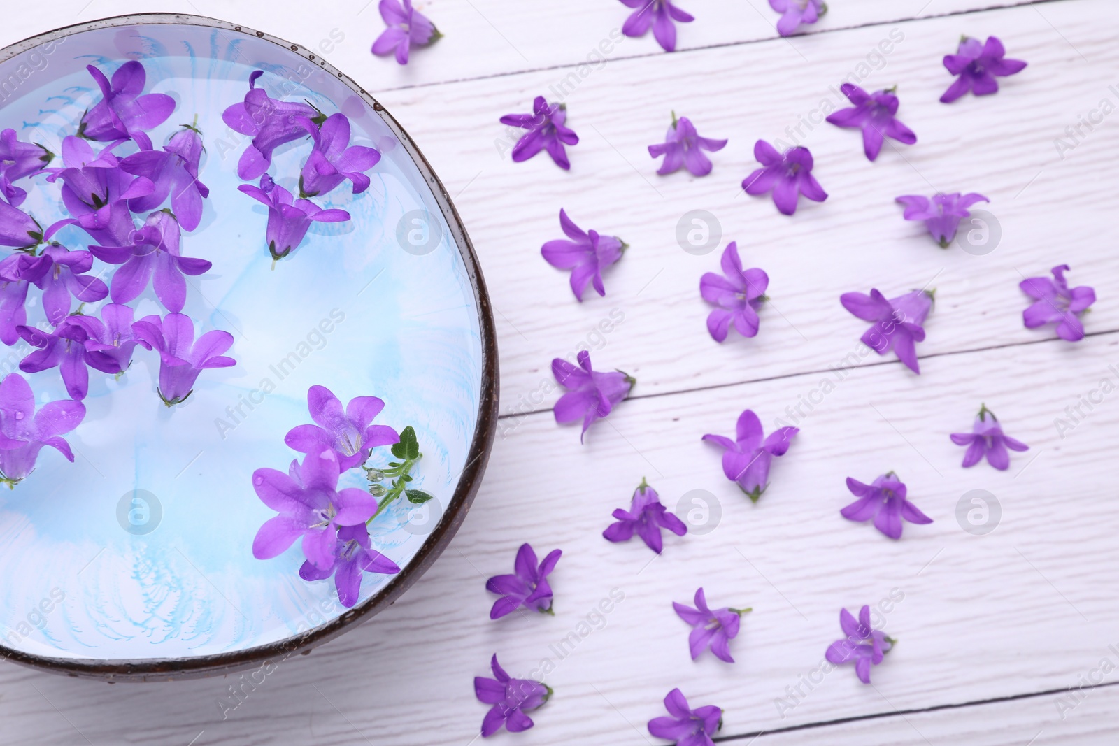 Photo of Bowl with water and flowers on white wooden table, flat lay. Spa composition