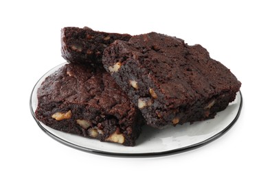 Delicious brownies with nuts on white background