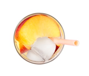 Delicious refreshing peach cocktail in glass on white background, top view