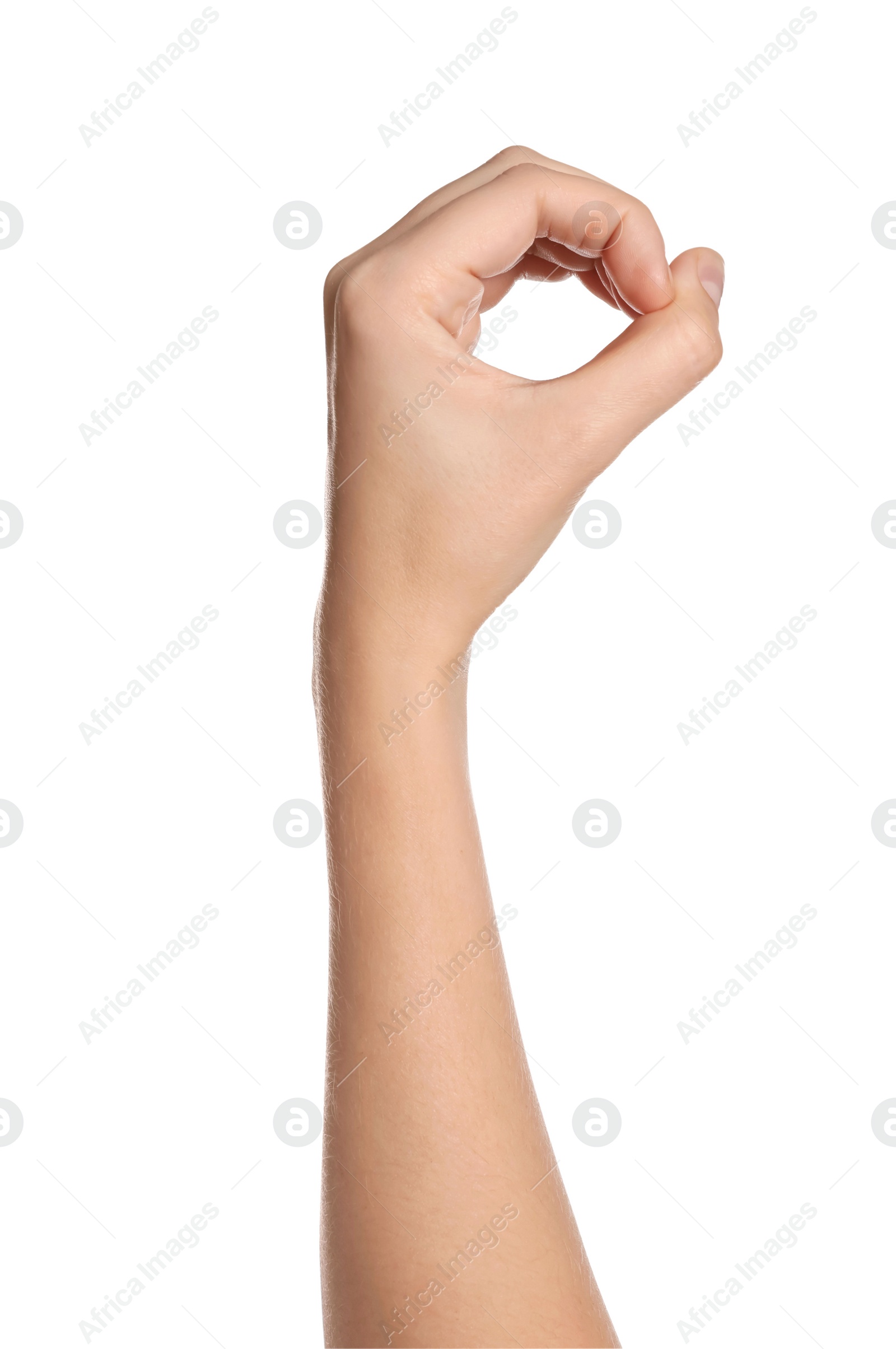 Photo of Woman gesturing on white background, closeup of hand