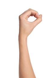 Woman gesturing on white background, closeup of hand