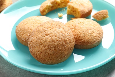 Photo of Plate with Danish butter cookies on table, closeup