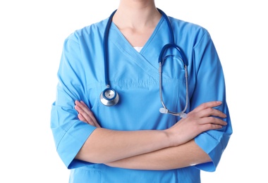 Young medical student on white background, closeup