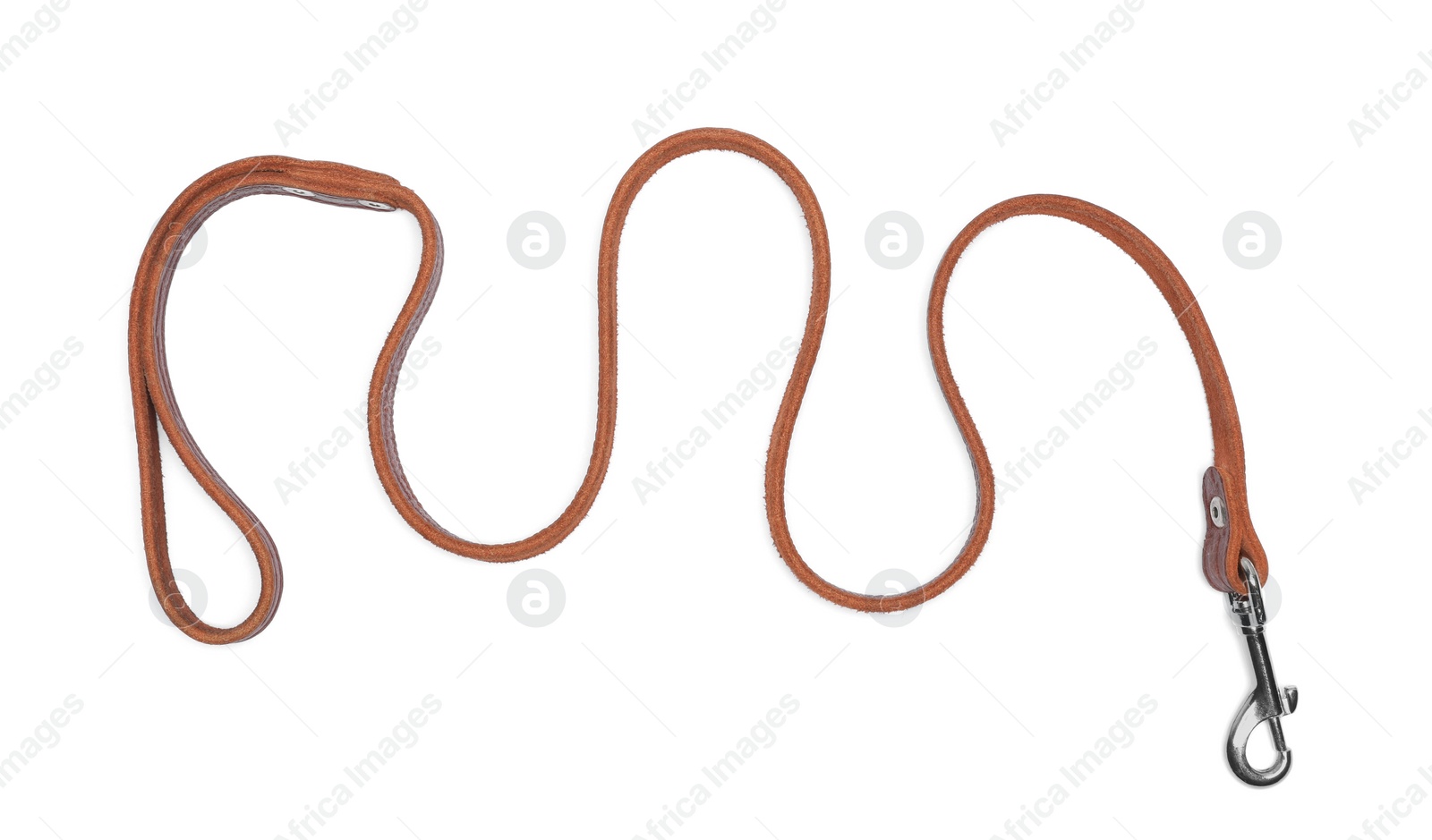 Photo of Brown leather dog leash isolated on white, top view