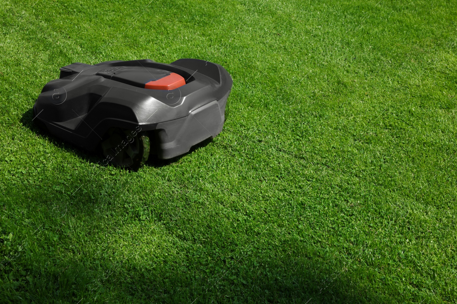 Photo of Modern robot lawn mower on green grass in garden