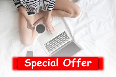 Special Offer. Woman with laptop and cup of coffee on bed, top view