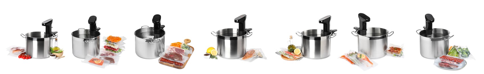 Image of Collage with sous vide cookers in pots and vacuum packed products isolated on white. Thermal immersion circulator