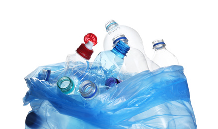 Blue bag with used bottles isolated on white. Plastic recycling