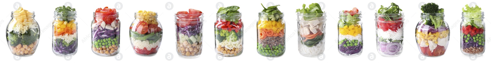 Image of Set of different jars with healthy salads on white background. Banner design 