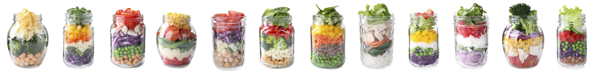 Image of Set of different jars with healthy salads on white background. Banner design 