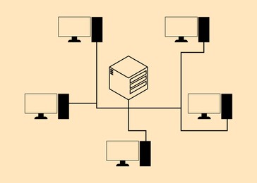 Computers connected with server on beige background, illustration. Multi-user system