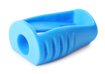 Bright blue pencil sharpener isolated on white. School stationery