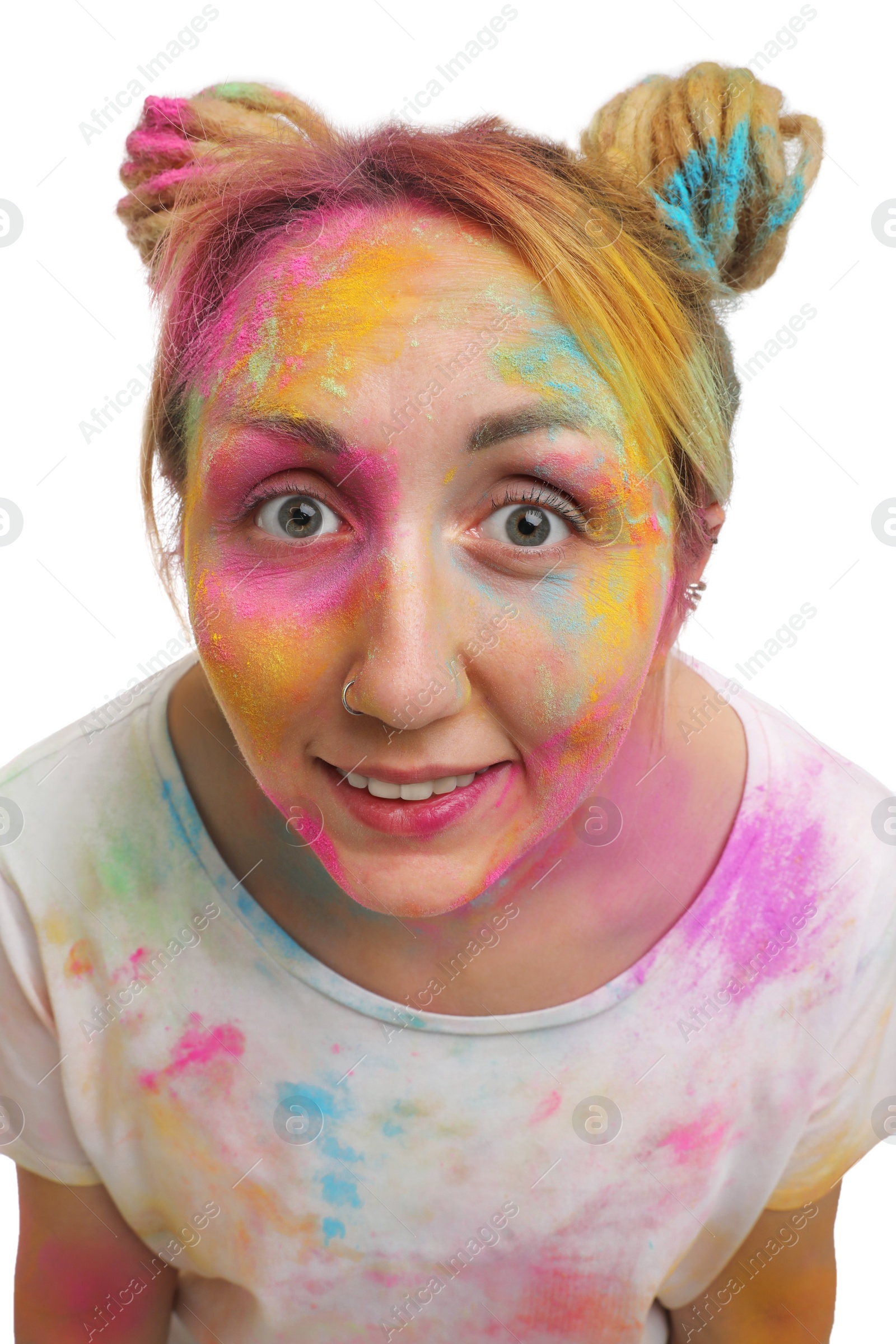 Photo of Woman covered with colorful powder dyes on white background. Holi festival celebration