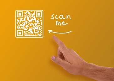 Image of Man pointing at illustration of QR code on orange background, closeup