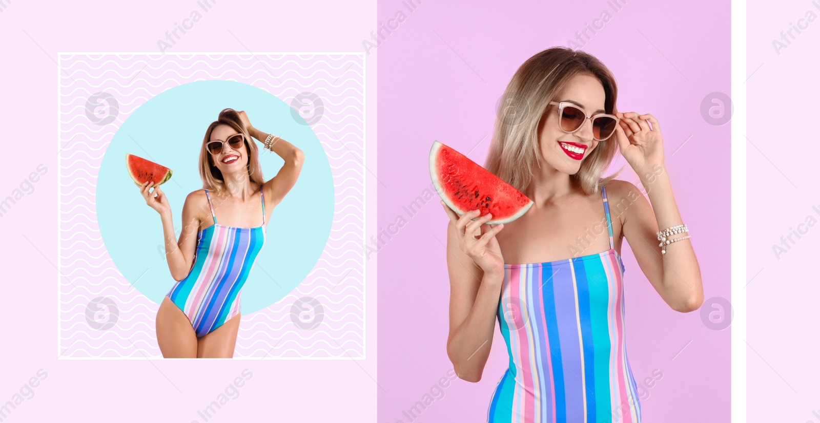 Image of Beautiful woman in swimsuit with juicy watermelon on color background, banner collage design. Summer days