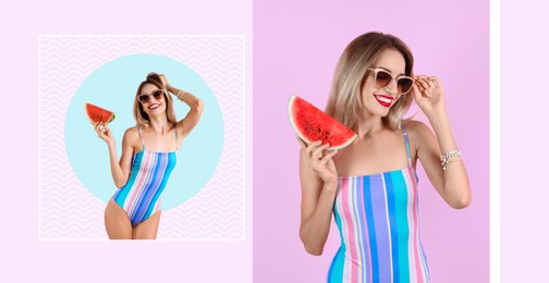 Image of Beautiful woman in swimsuit with juicy watermelon on color background, banner collage design. Summer days