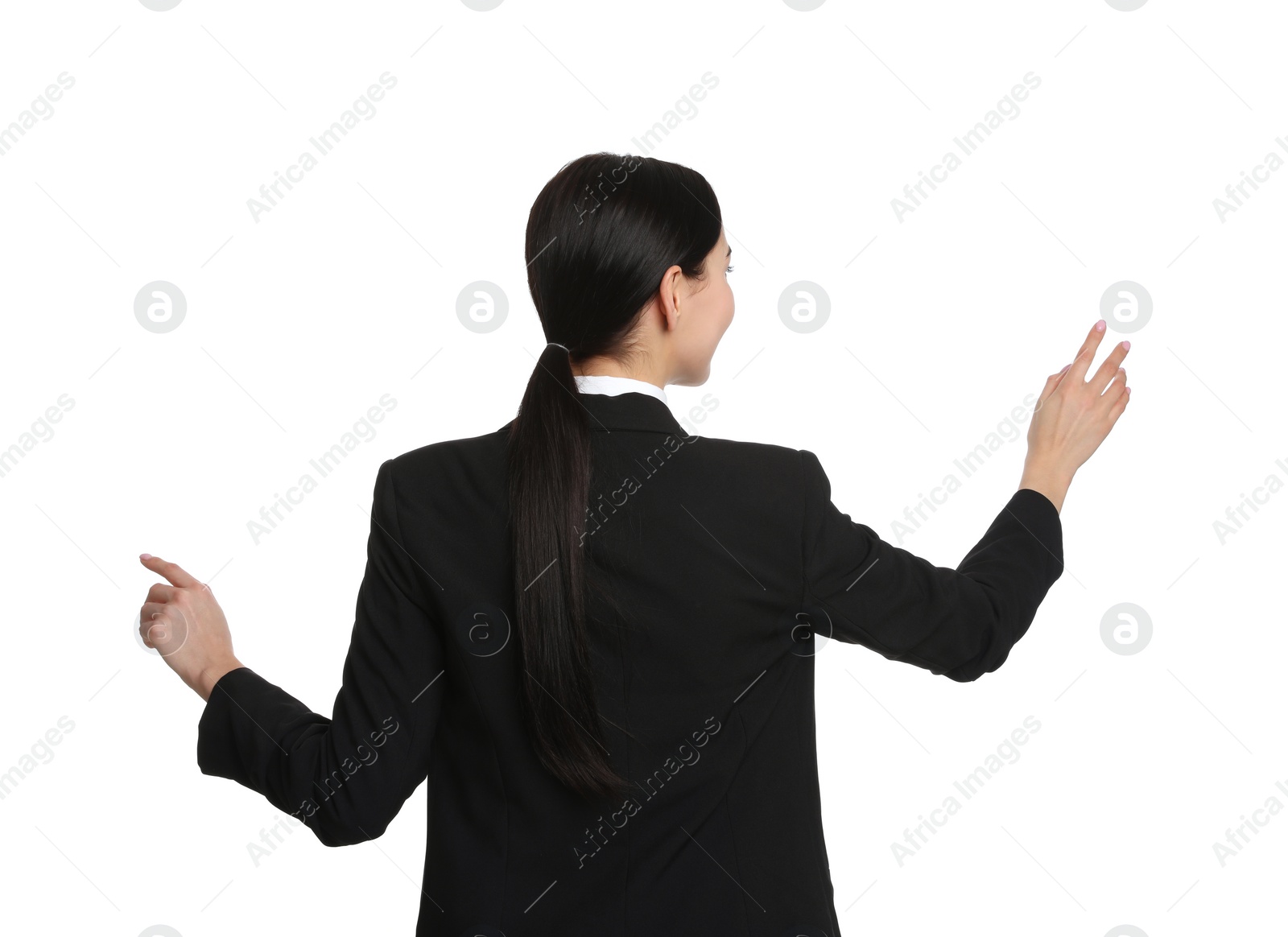 Photo of Young businesswoman in suit on white background