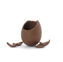 Photo of Broken milk chocolate egg on white background