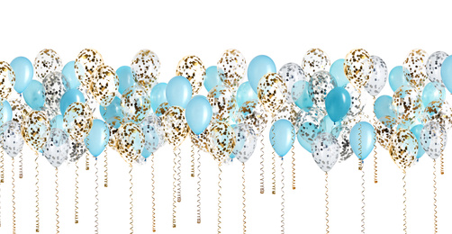 Image of Many color balloons on white background. Festive decor