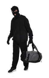 Photo of Thief in balaclava with bag on white background