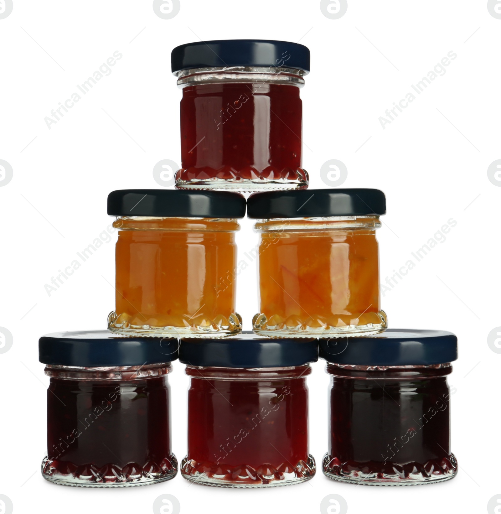 Photo of Jars with different jams on white background