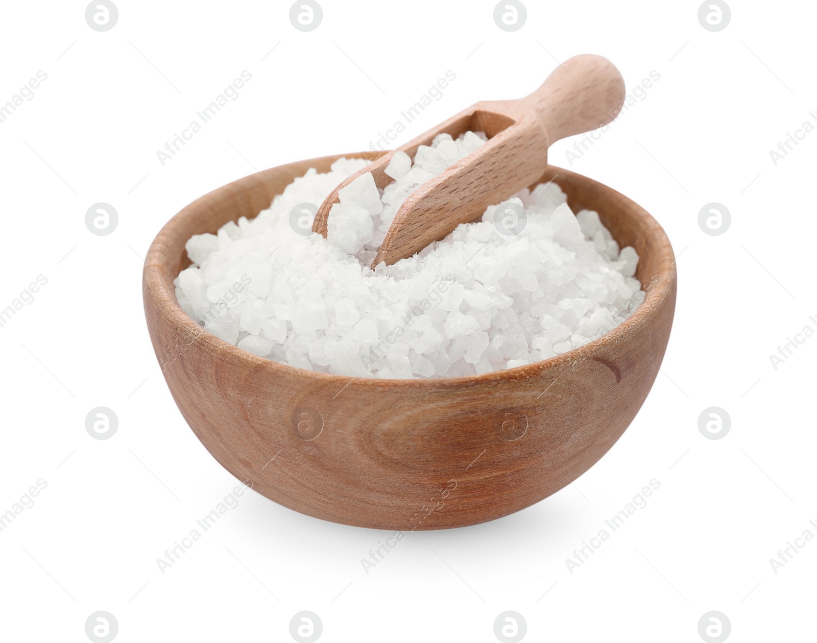 Photo of Bowl with natural sea salt and wooden scoop isolated on white