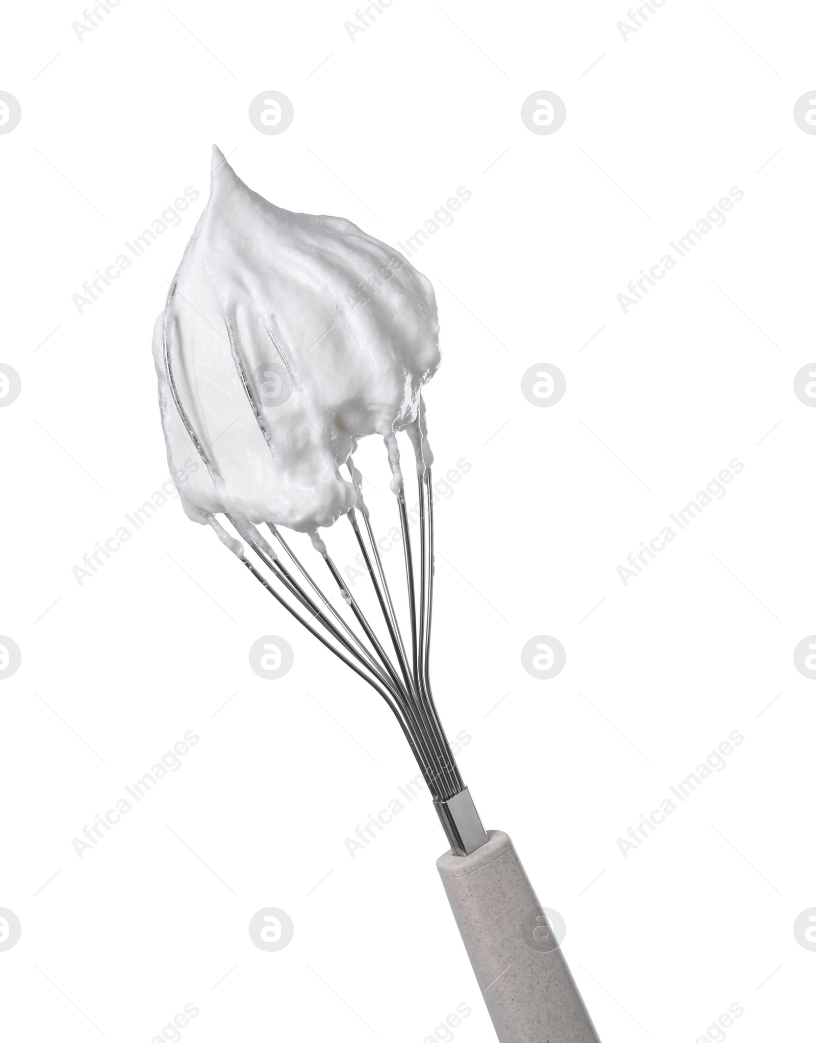 Photo of Whisk with whipped egg whites isolated on white