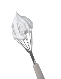 Whisk with whipped egg whites isolated on white