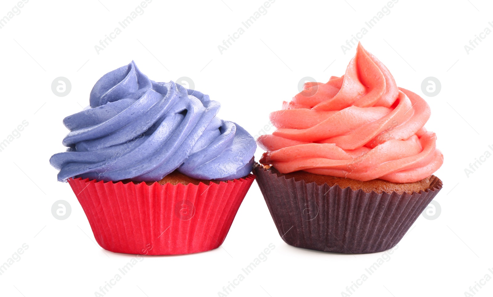 Photo of Different tasty cupcakes with cream isolated on white