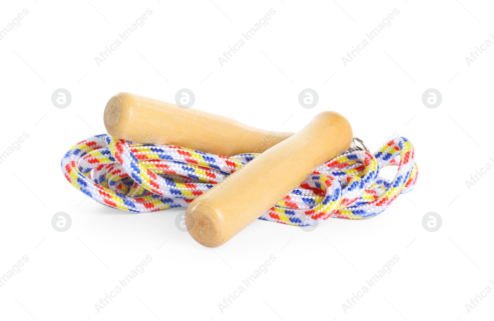 Photo of Colorful skipping rope with wooden handles isolated on white