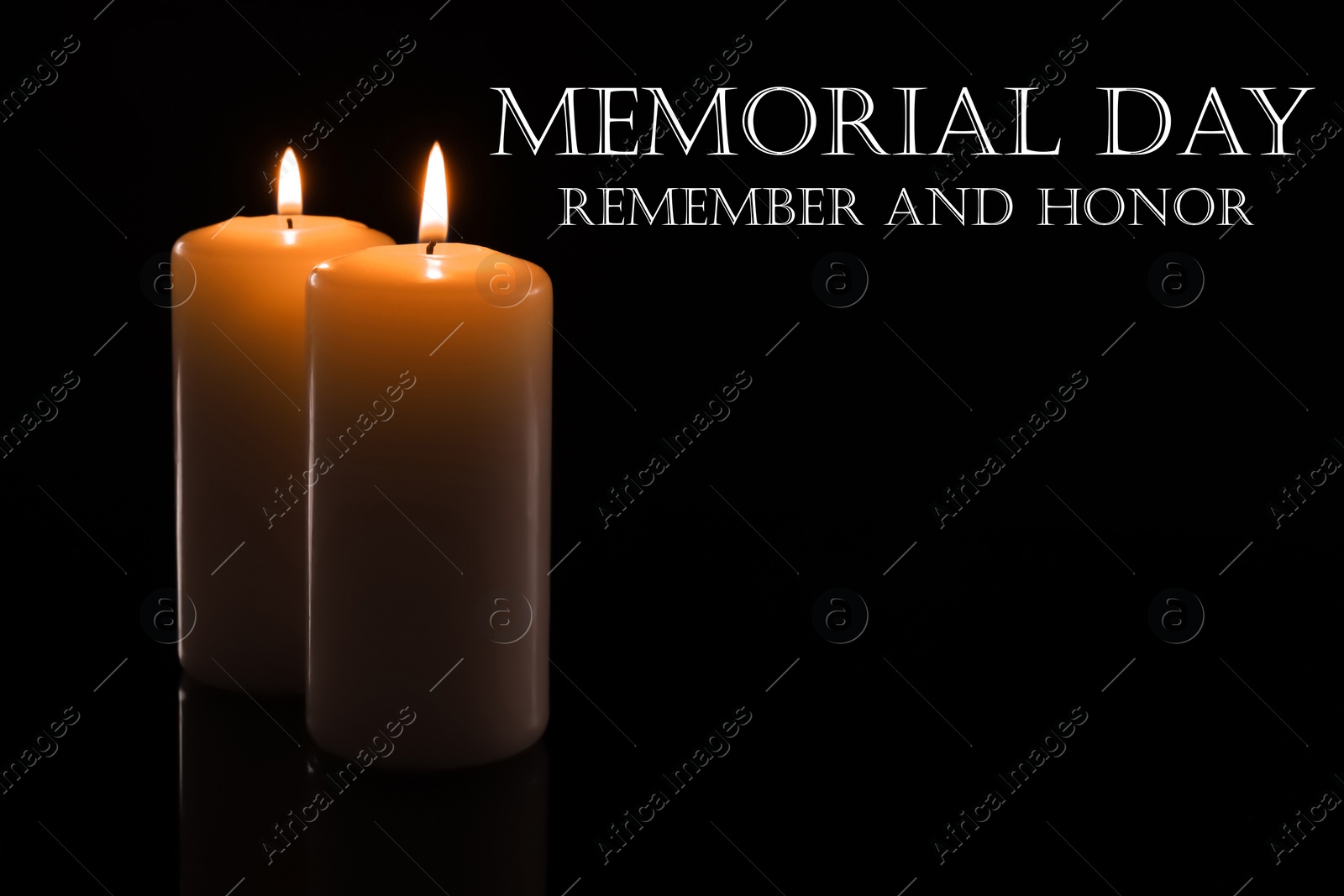 Image of Memorial day. Wax candles burning on black background