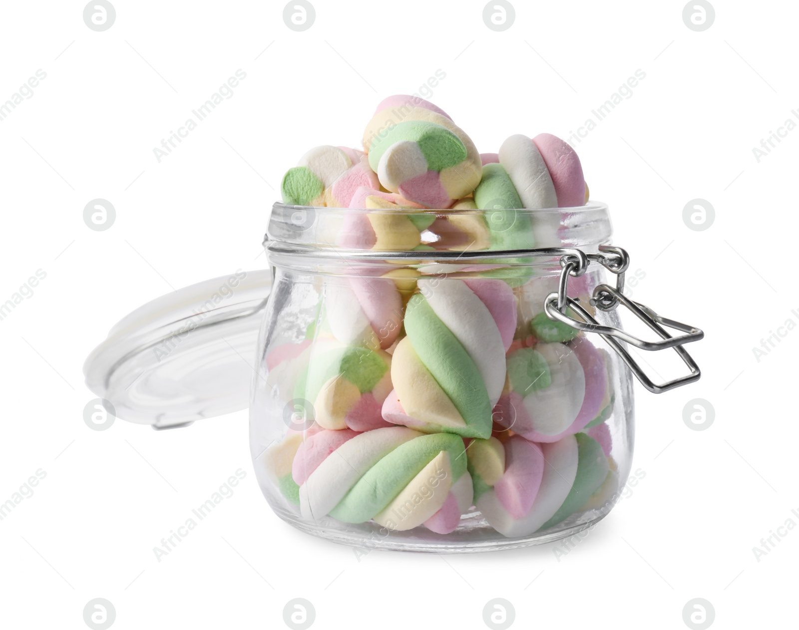 Photo of Jar of delicious colorful marshmallows isolated on white