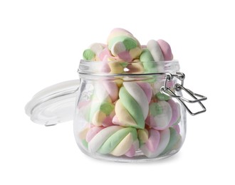 Photo of Jar of delicious colorful marshmallows isolated on white